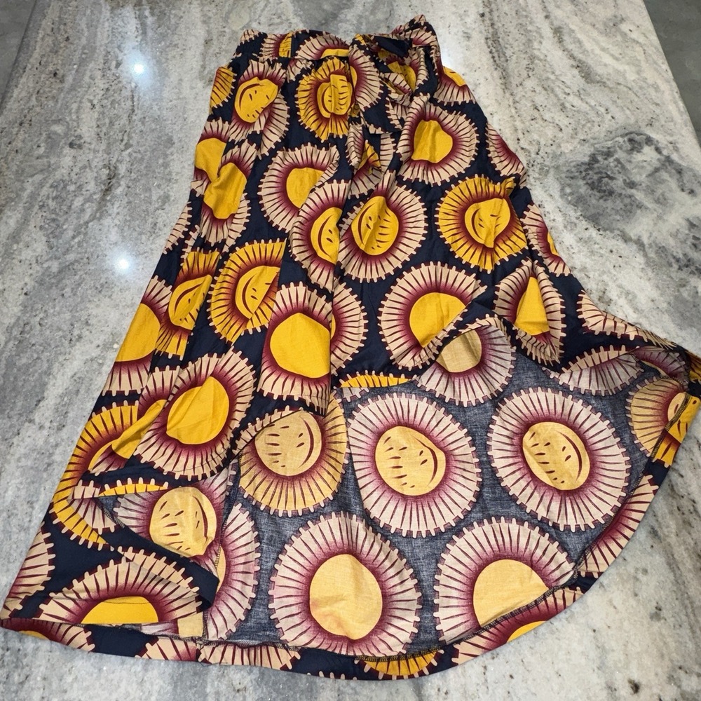 Women's XL African Print Maxi Wrap Skirt Asymmetrical Hoop Hem Beach‎ Resort Tie